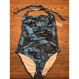 NEW Smismivo Womens Bathing Suit Black Teal Pattern Belly Control Push Up XL